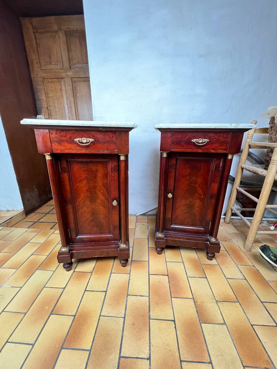 Pair of Napoleon III bedside tables in mahogany and marble