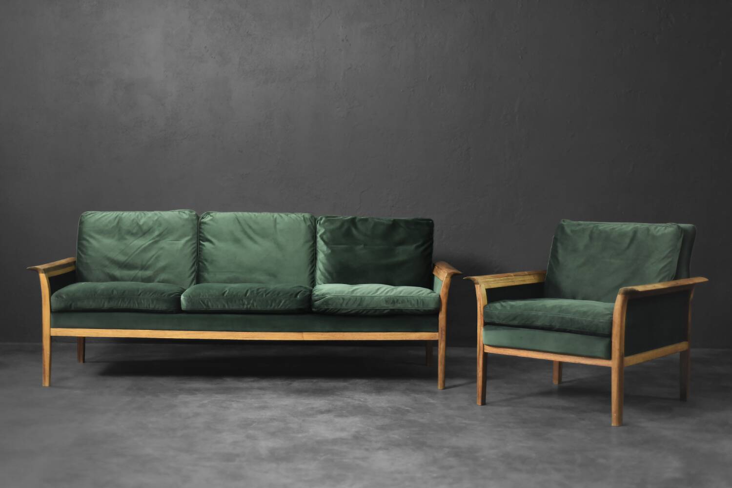 Vintage Mid-Century Modern Rosewood & Green Velour 3-Seater Sofa and Chair