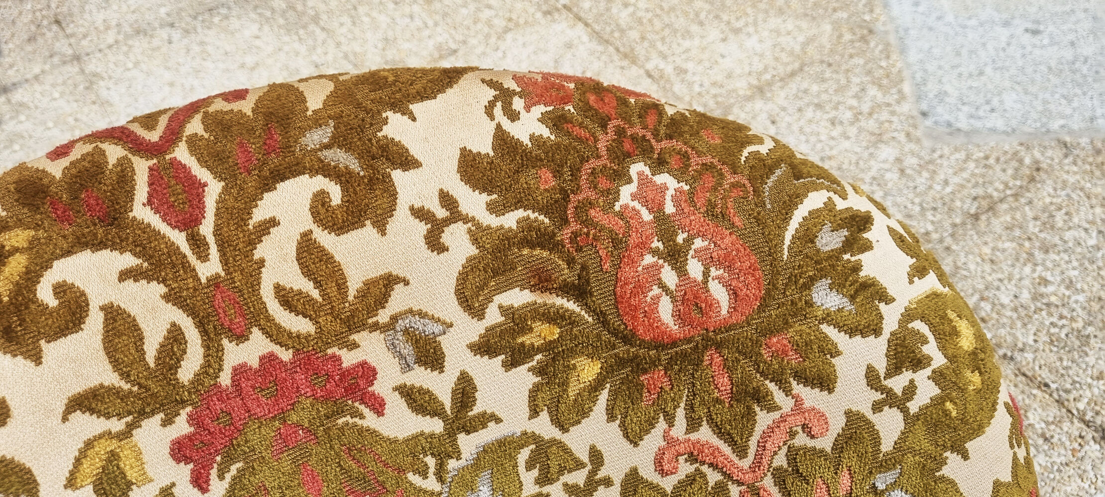 Toad armchair, velvet tapestry vintage patterns, 50s