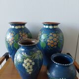 Pair of Primavera vases in blue ceramic with plant decoration 1920-1930