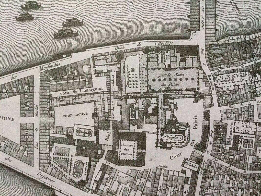 Historical map of the Ile de la Cité in Paris in 1754