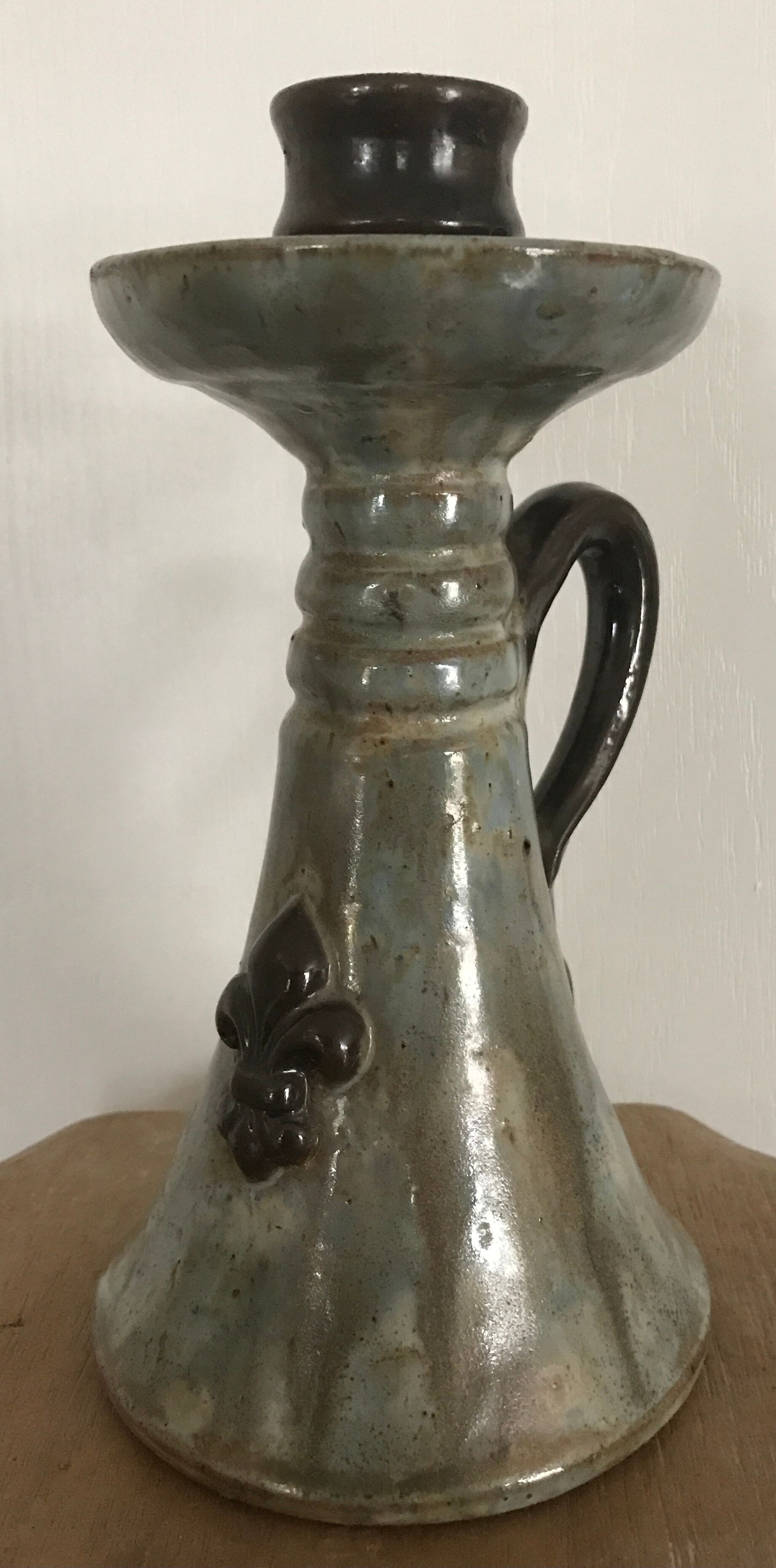 Candle holder old sandstone blue glazed bouffioulx signed dubois décor de lys