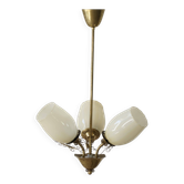 Paavo Tynell for Idman Oy, three-branch chandelier in brass and glass, mid-century, 1940s.