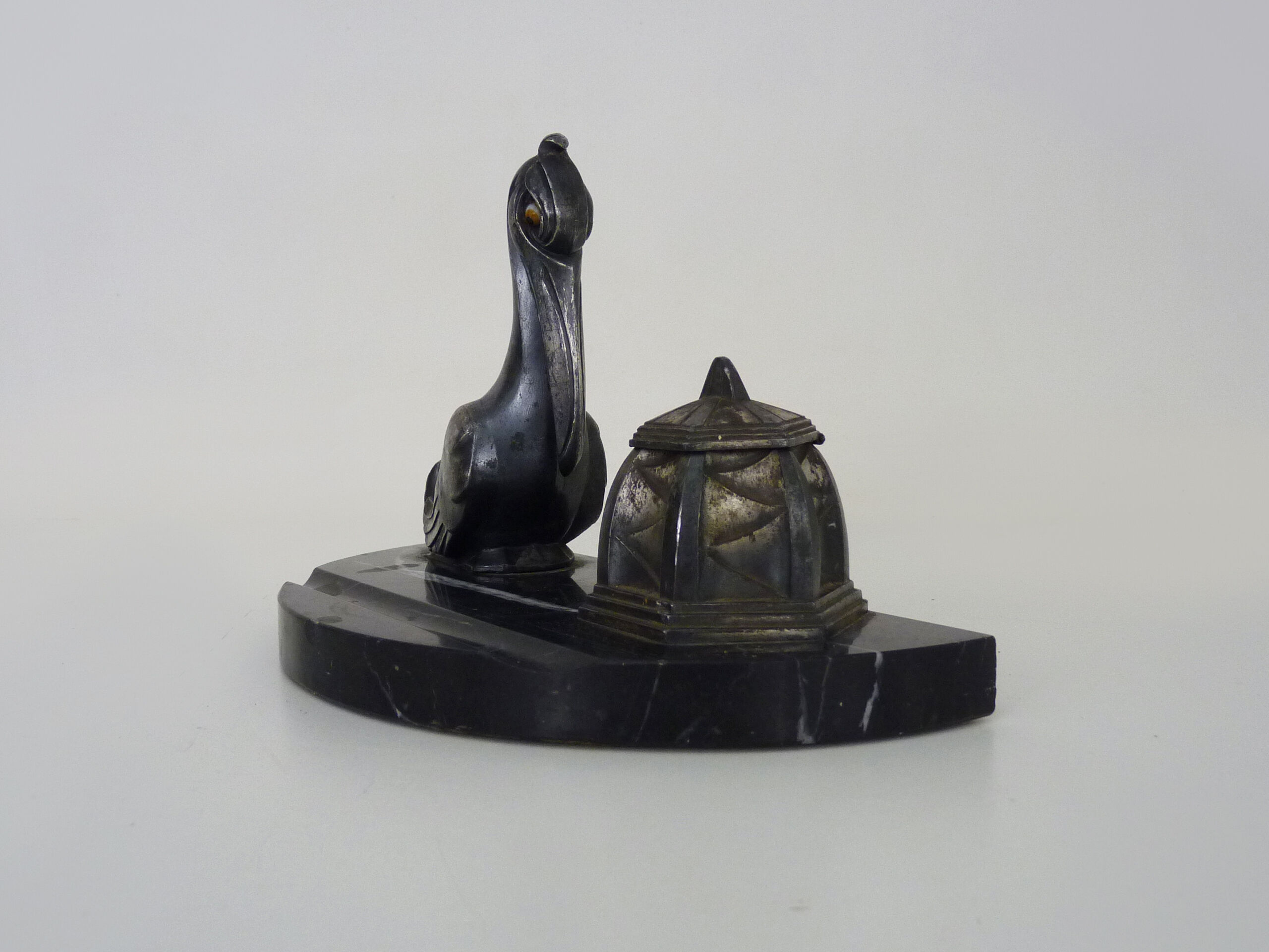 Regulated inkwell and marble signed Franjou pelican art deco