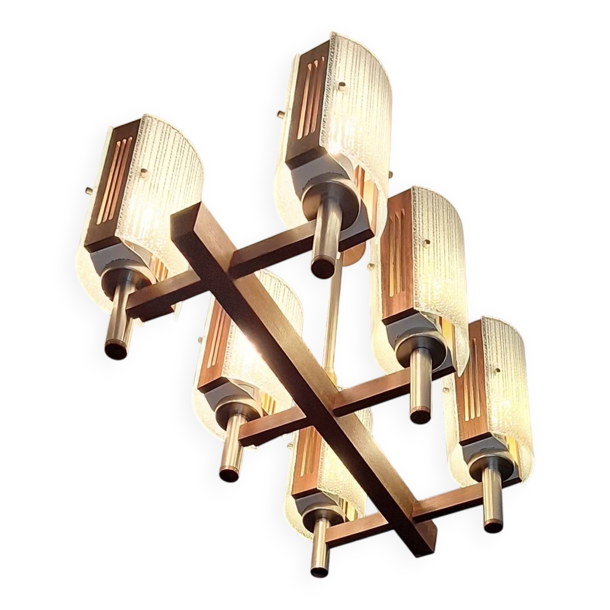 Brutalist teak and art glass chandelier, Italy 1960s