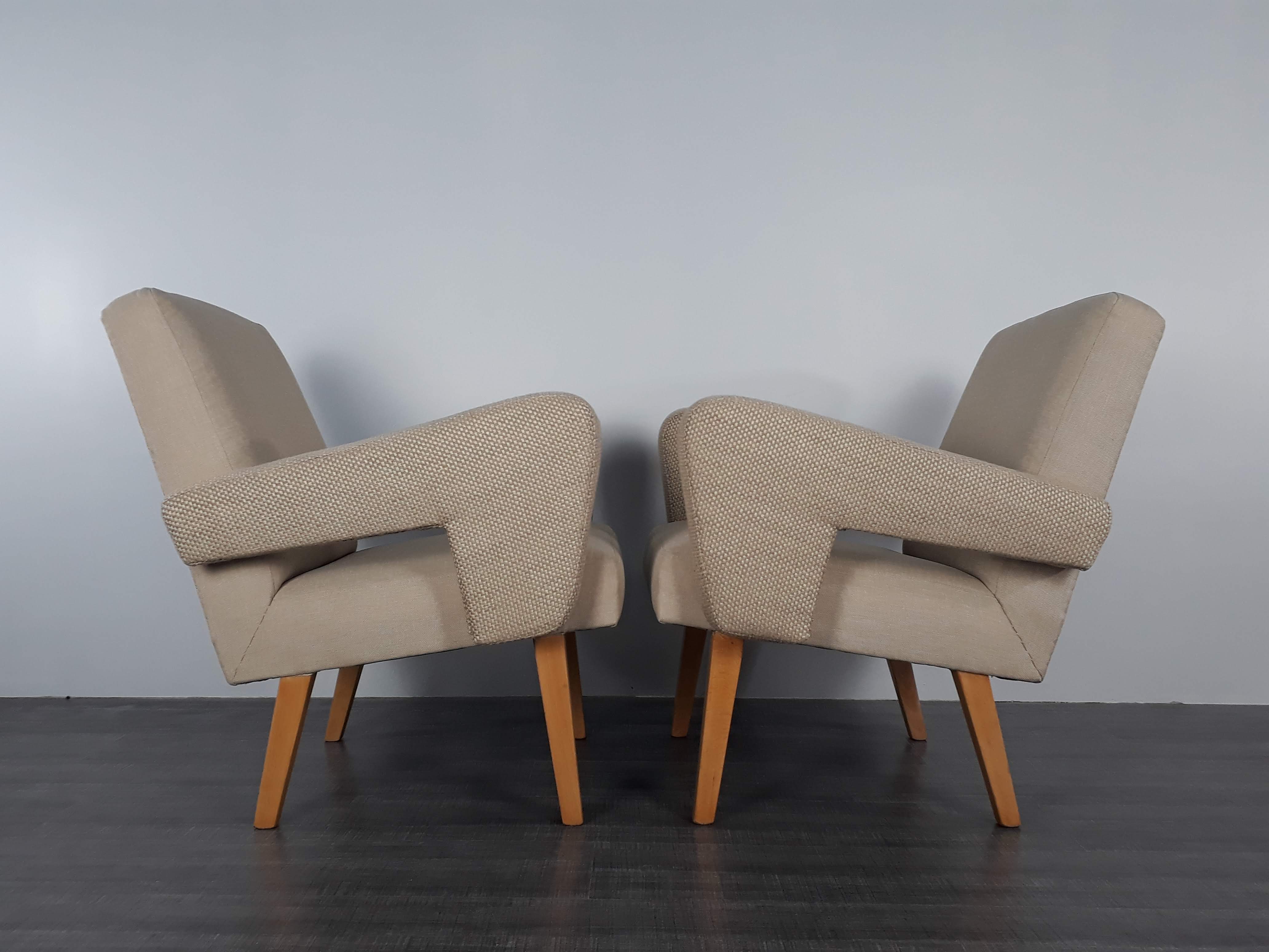 Pair of Jitona armchairs reupholstered Beige Fabric, Czech 1960s