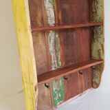 Wall shelf 3 shelves + 4 hooks cast iron in polychrome wood
