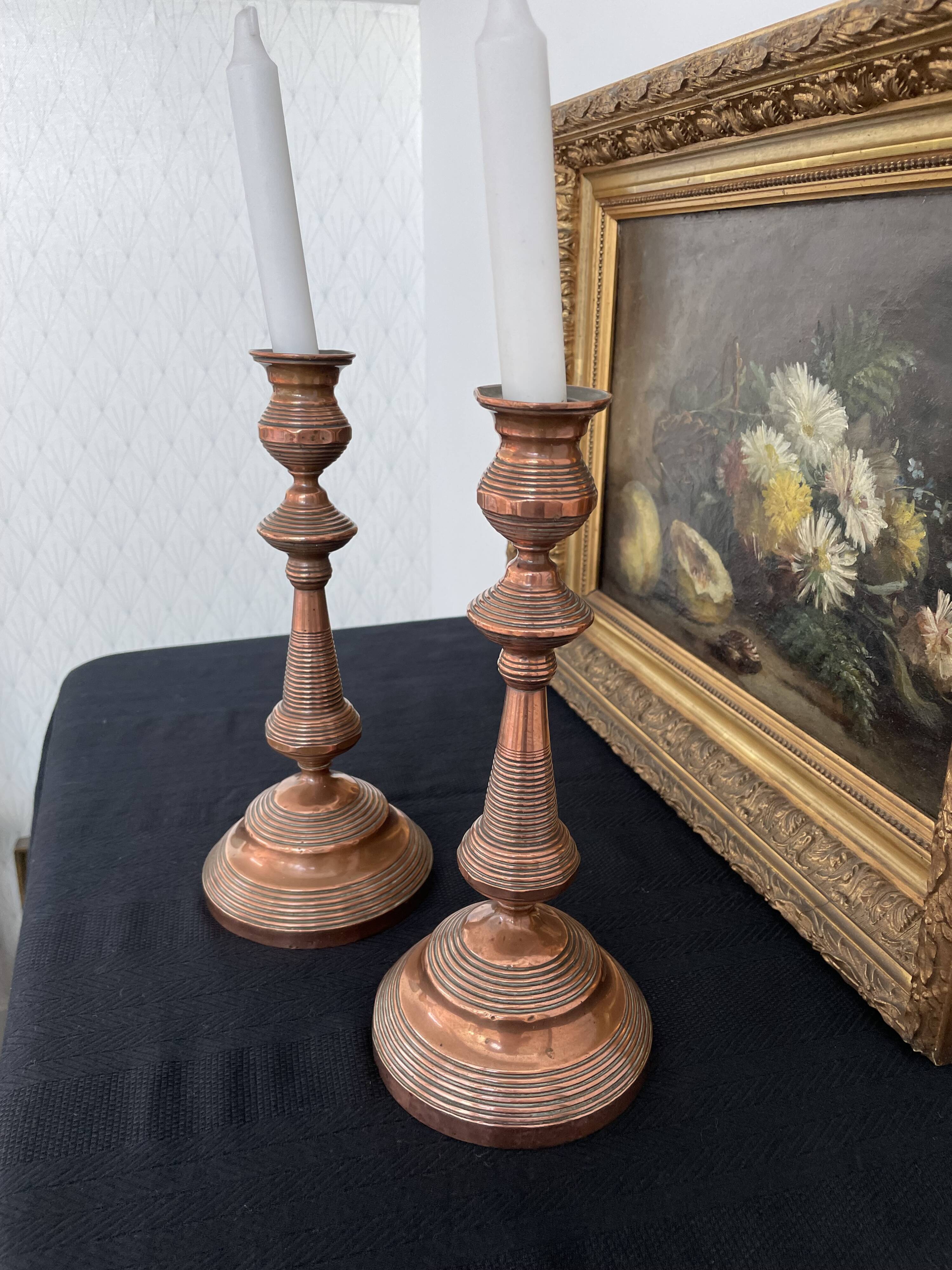 Antique, pair of candle holders, copper, brass, candle, goldsmith hallmark, old, large, massive, France