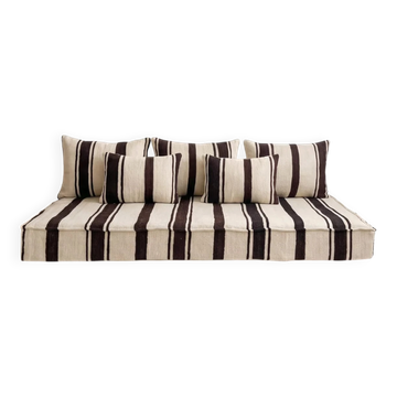 Brown striped kilim floor cushion – handwoven wool, cream base