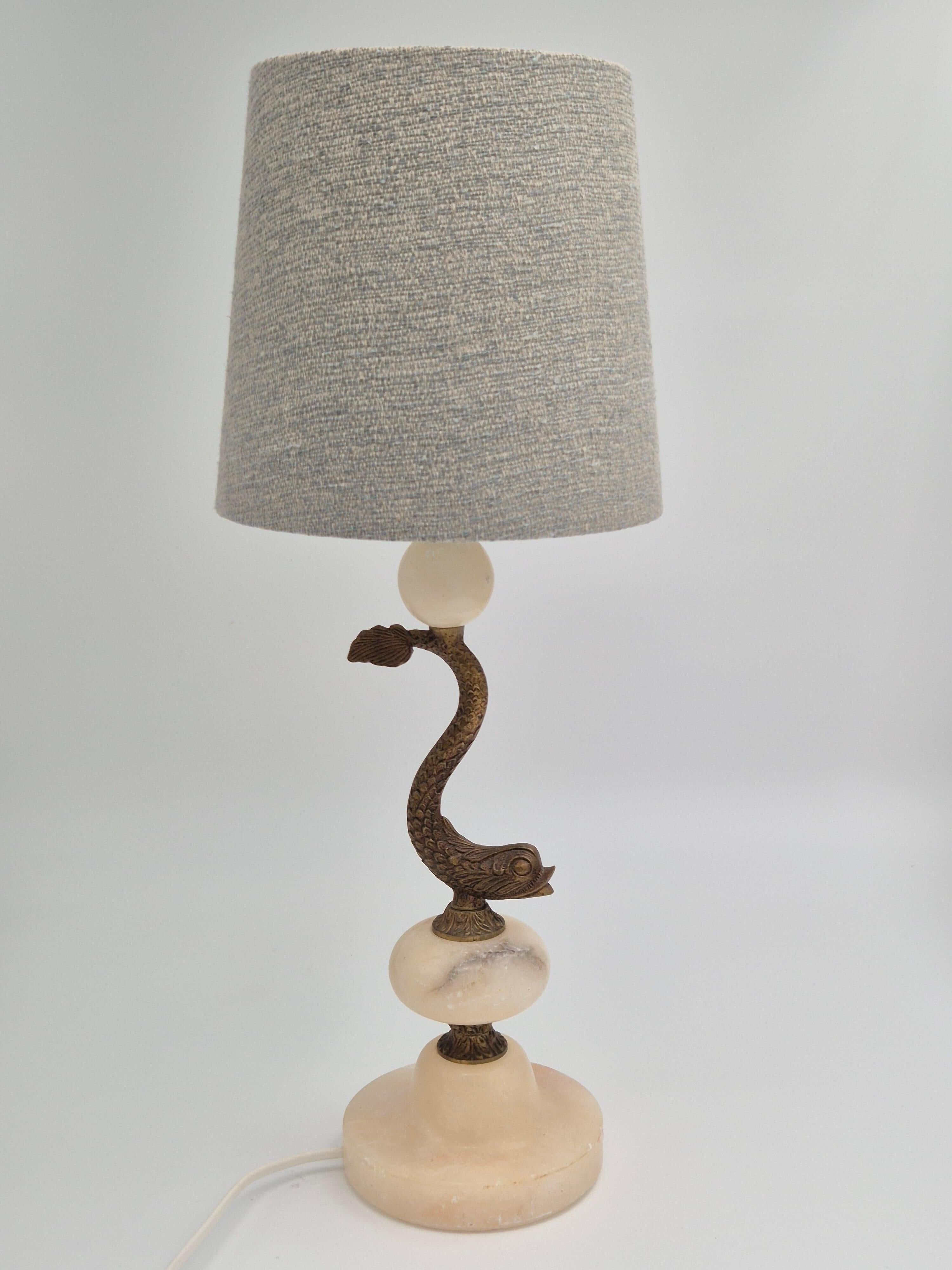Sculptural table lamp in alabaster with fish/dolphin decoration, Swedish Grace