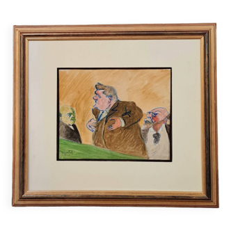 Maurice Montet (1905-1997): Watercolor depicting a caricature of 3 notable people