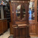 Solid walnut vestibule coat rack with oval mirror and bronze hooks