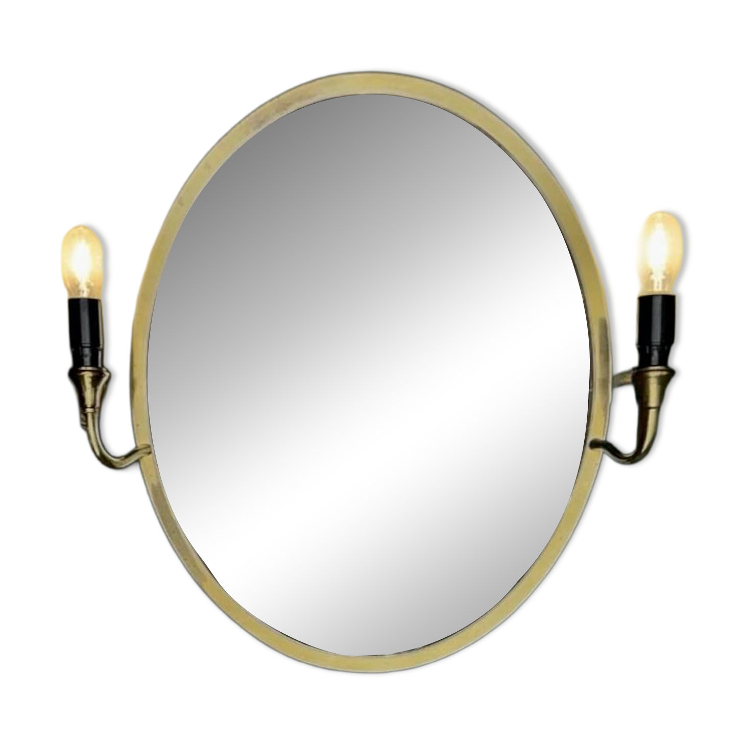 Oval wall mirror in gilded brass with double sconces – 1950s/60s