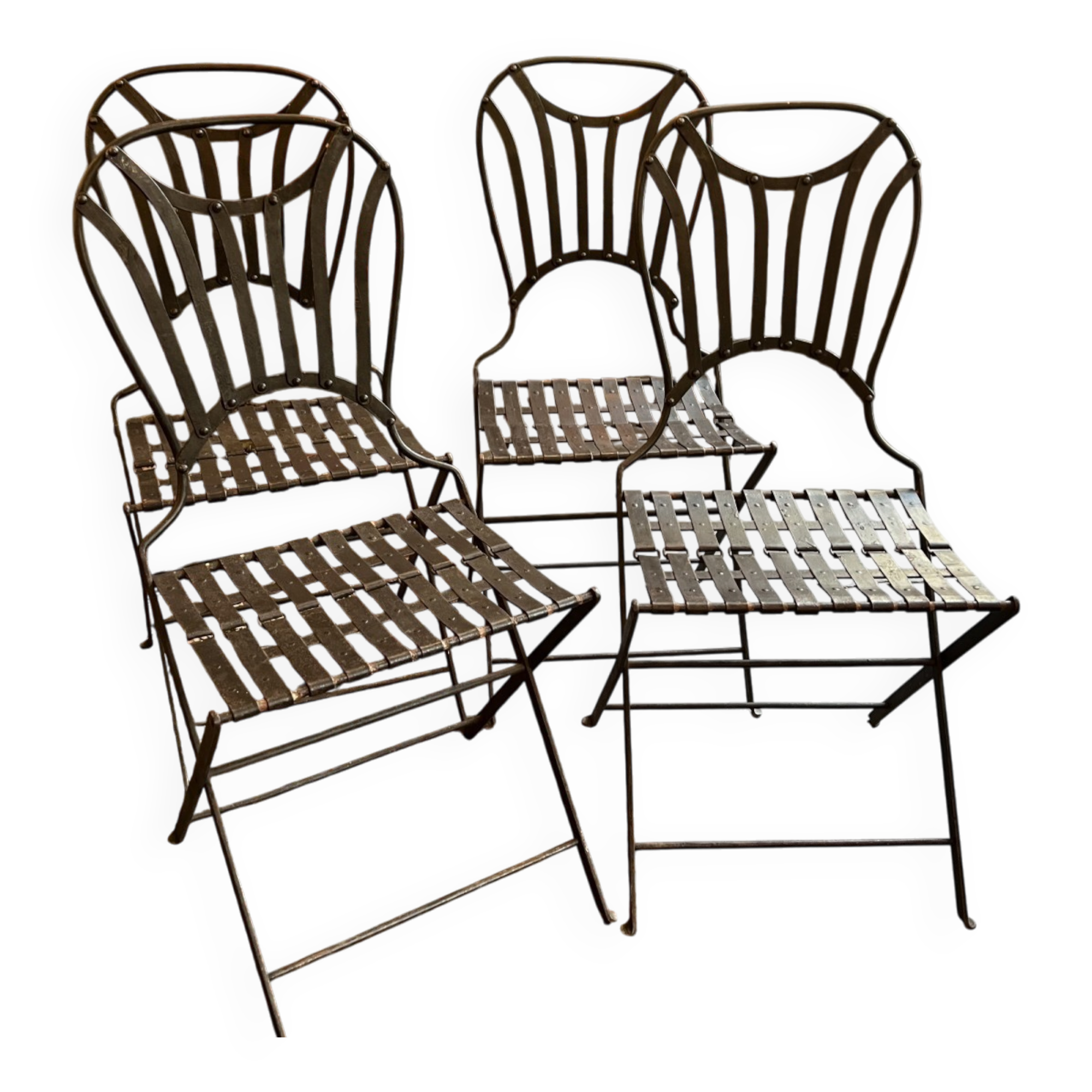 Set of 4 folding garden chairs in wrought iron and riveted, 19th century, Napoleon model.