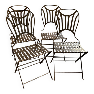 Série de 4 chaises pliantes jardin en fer forgé et riveté, époque XIXe siècle, modèle Napoléon