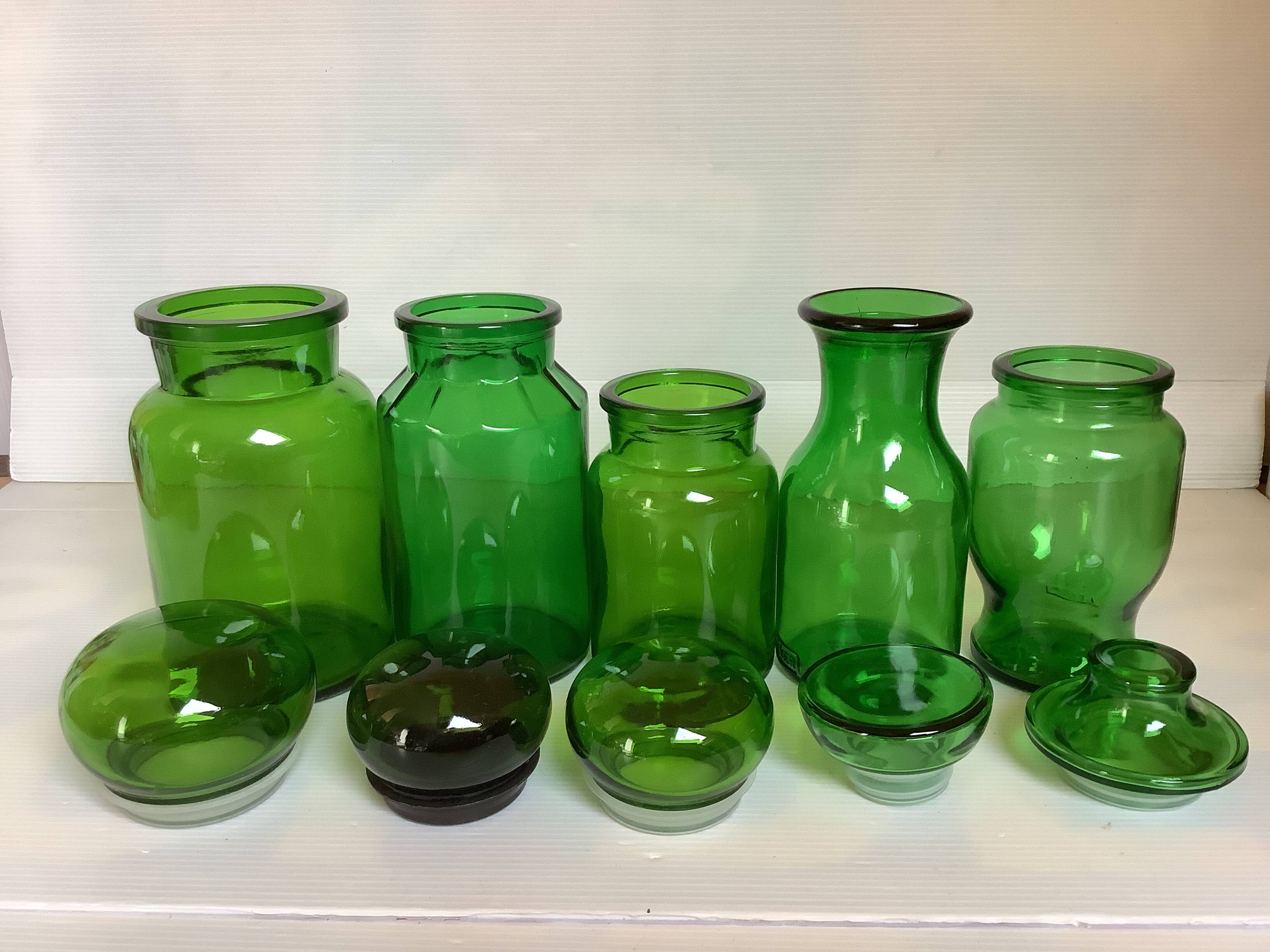 Five green glass candy boxes from the 70s