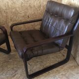 Pair of vintage armchairs in curved wood with suspended seat circa 1970-80.