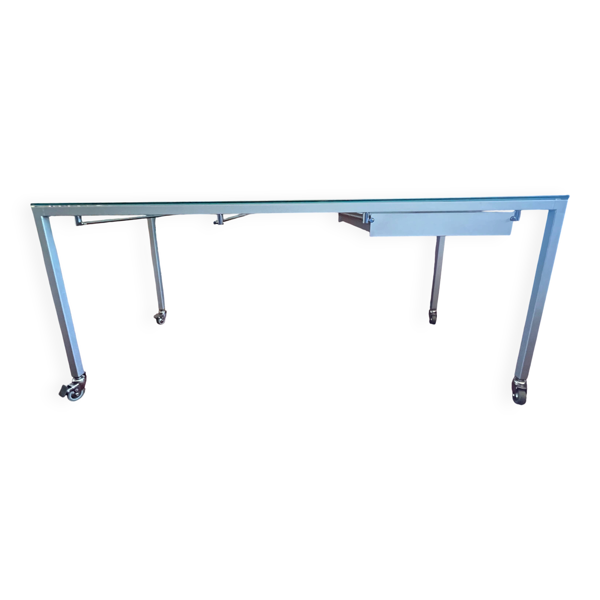 Glass and metal desk with wheels