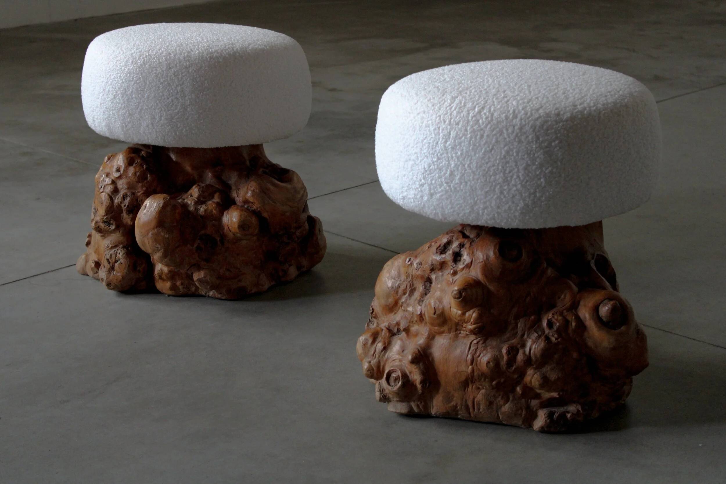 Mushroom shaped stools from burlwood - France 1950s