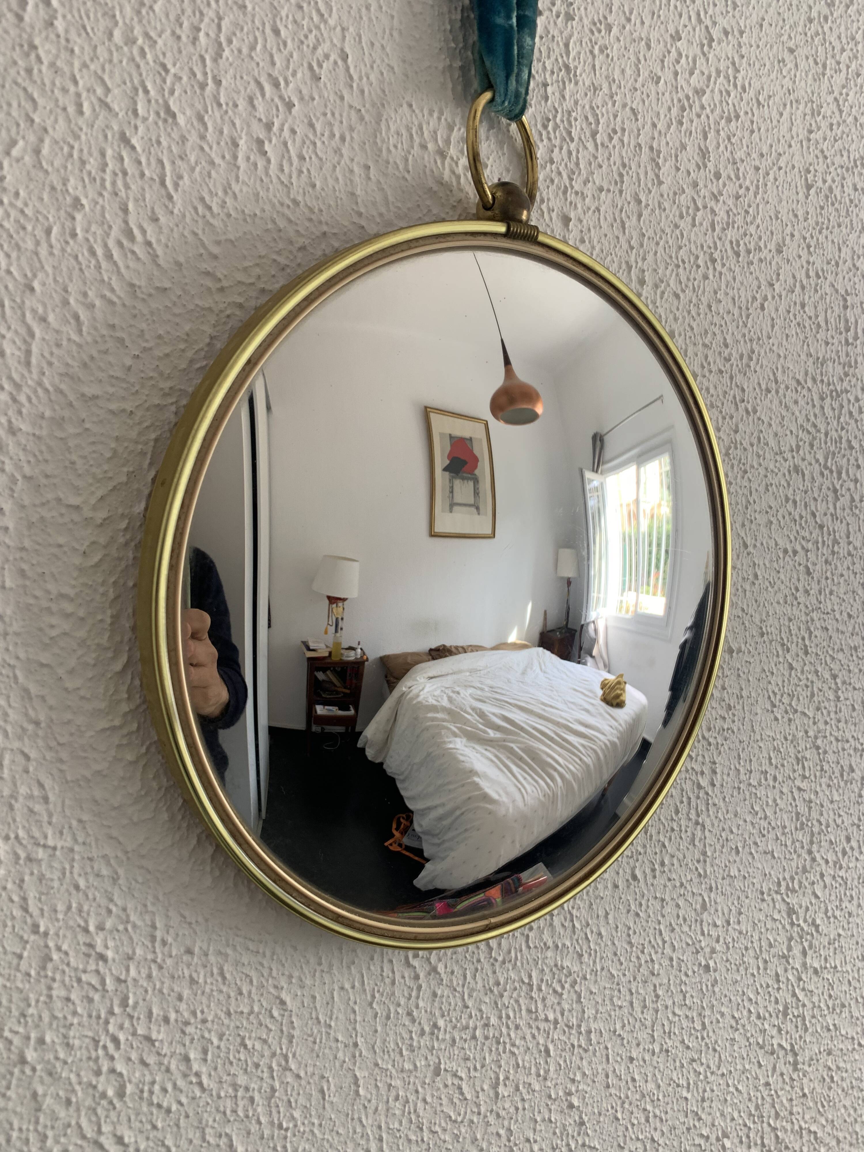 Vintage 1960s witch's eye mirror, turquoise velvet, sunburst effect - 24 x 54 cm