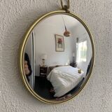 Vintage 1960s witch's eye mirror, turquoise velvet, sunburst effect - 24 x 54 cm