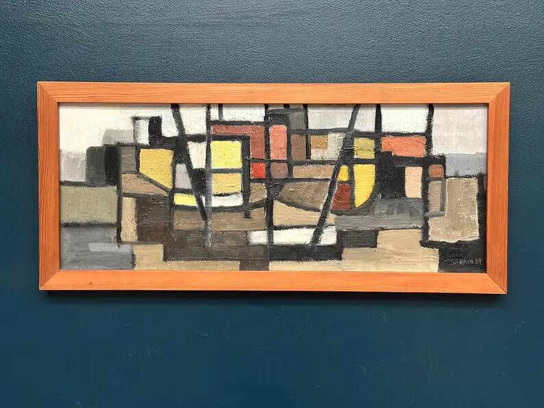 Original Swedish Oil on Canvas – “Abstract Composition” – Signed – Dated 1959 – Vintage & Framed – 77 × 35 cm