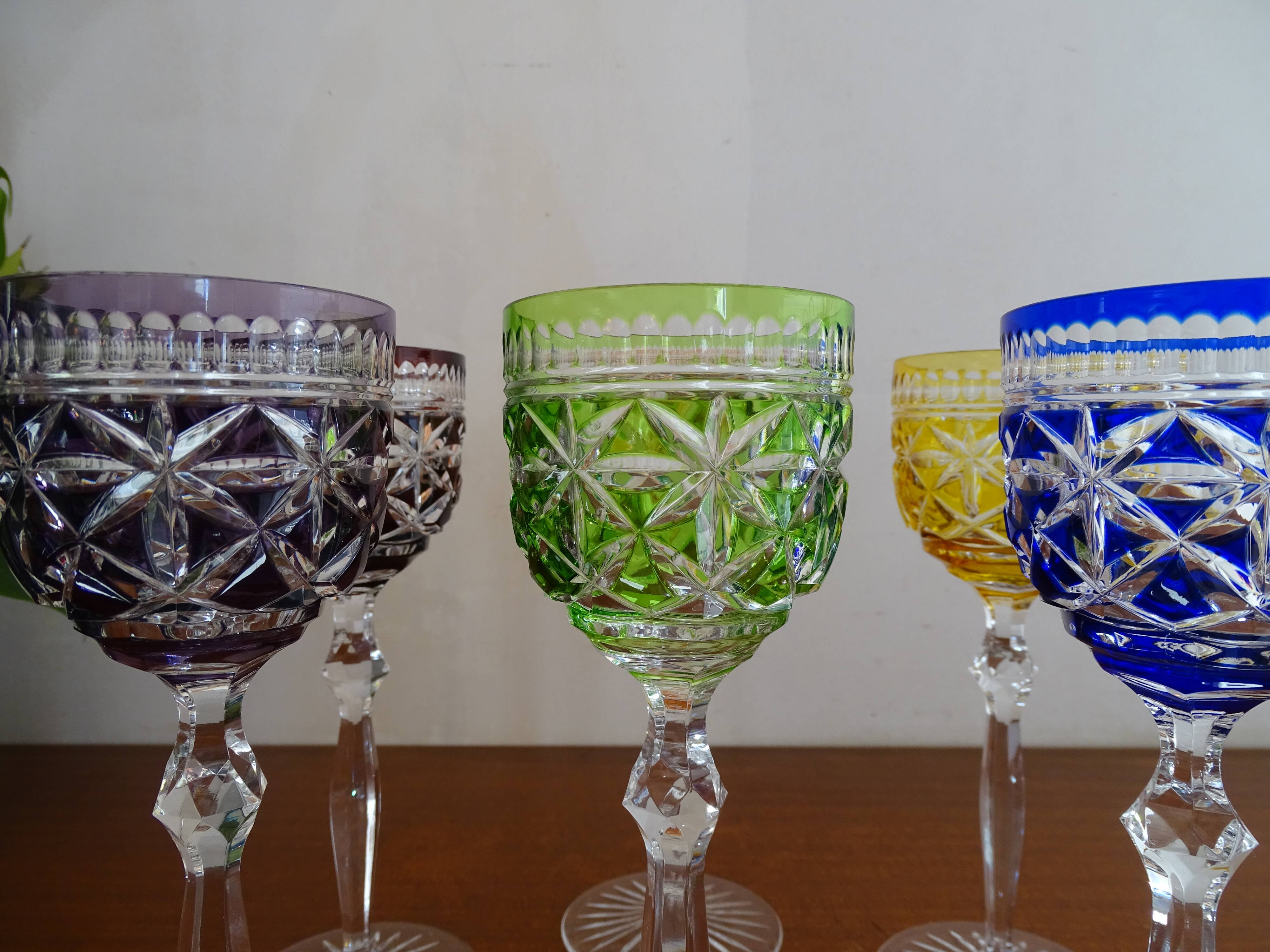 6 glasses of Bohemian crystal wine colored feet stars