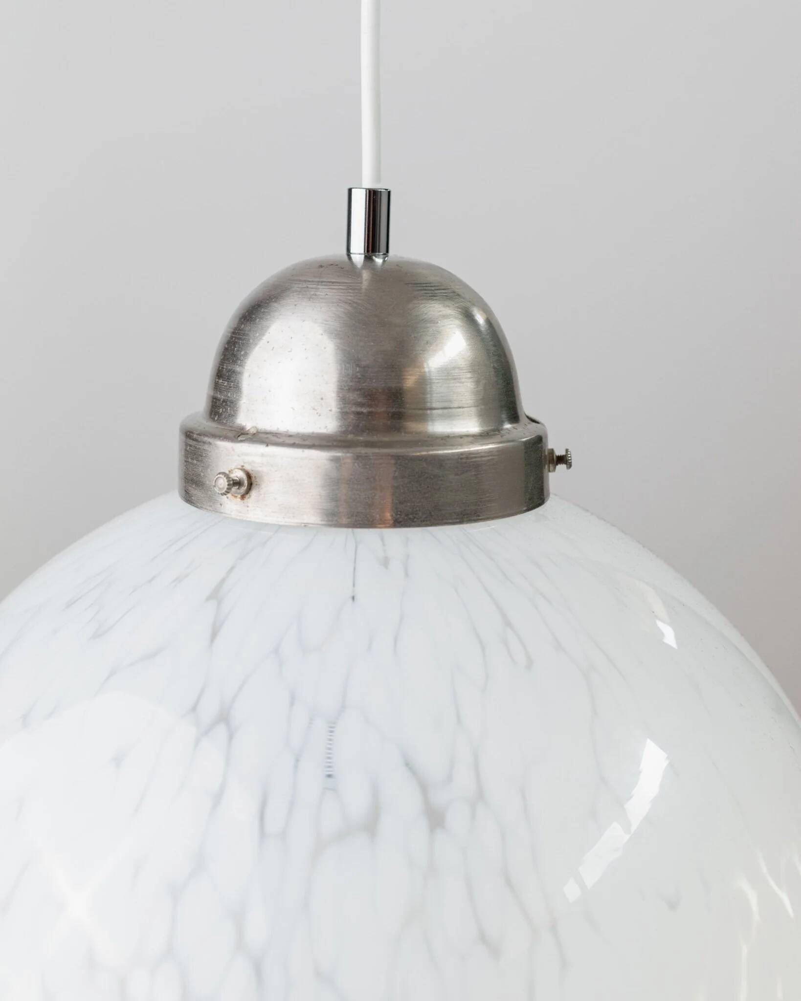 White Murano Glass Globe Pendant Lamp with Chrome Top – 1960s Space-Age, XL Mid-Century Ceiling Light