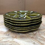 Set of 6 old vintage green ceramic Gien oyster plates