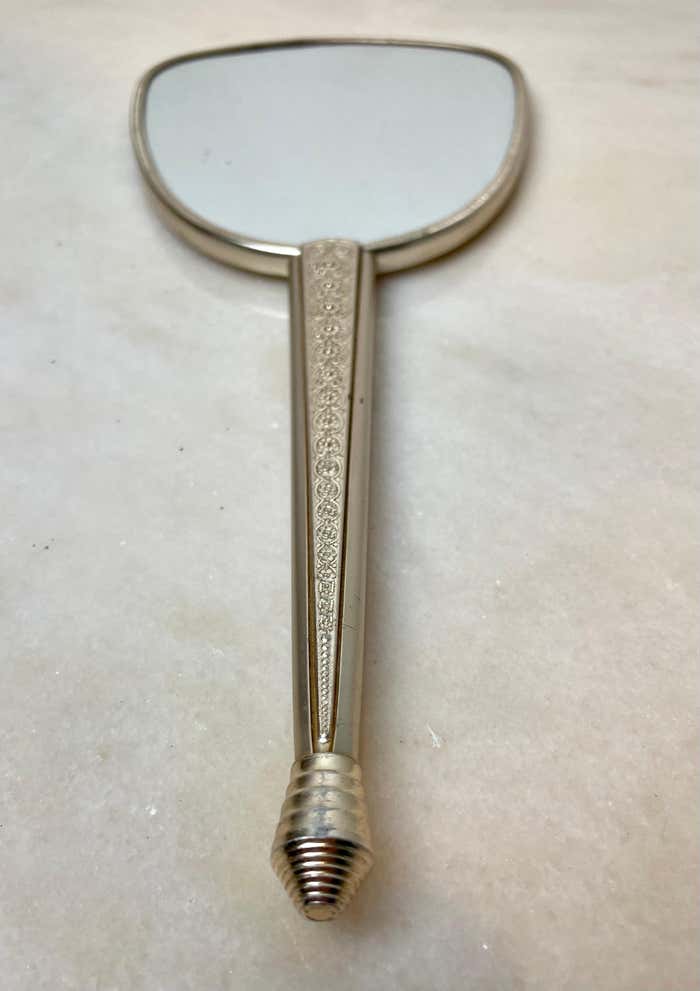 Toiletry set - metal and silk brush and hand mirror England from the 50s