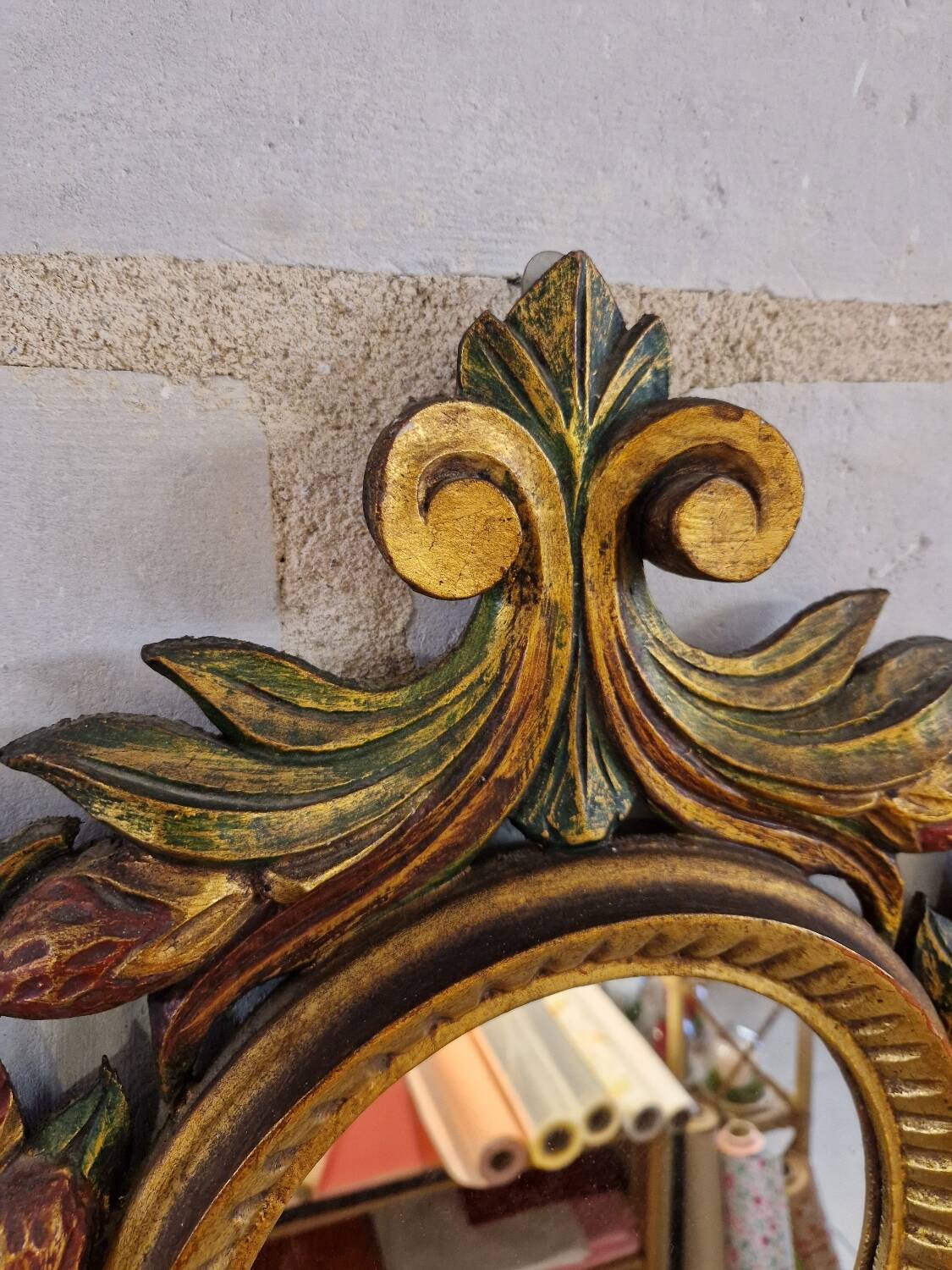 Antique Italian Polychrome Carved Wooden Mirror