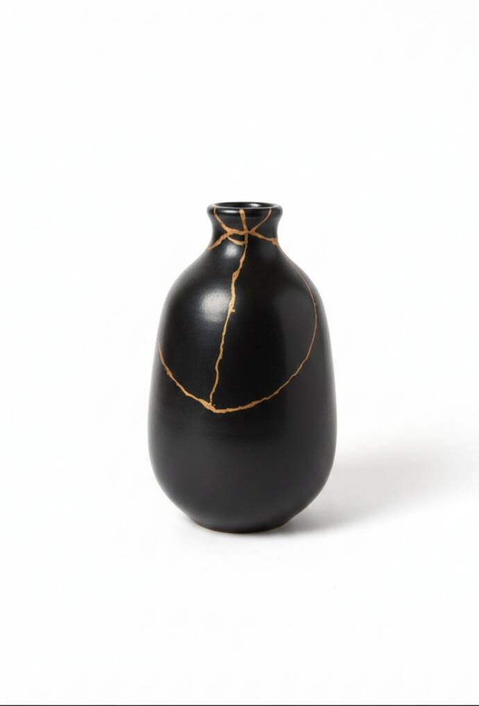 matte black soliflore vase - traditional kintsugi with copper powder - cooper