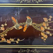 Vintage red / gold Chinese lacquer cabinet with flowers and birds
