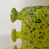 Handmade green speckled yellow ceramic vase with abstract handles