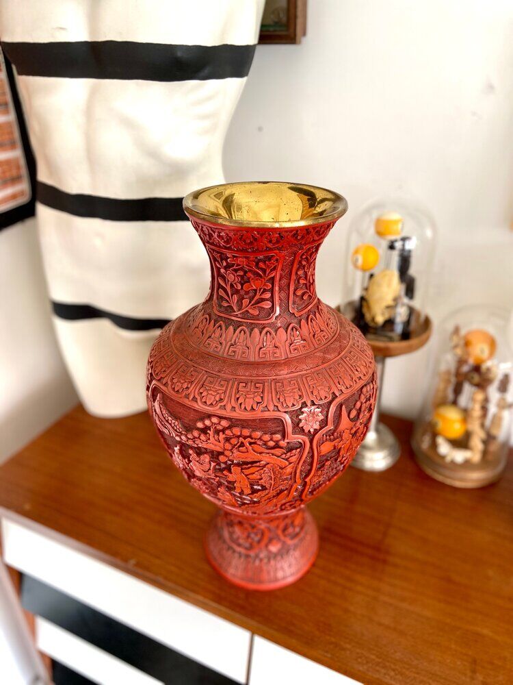 Asian metal vase and red resin