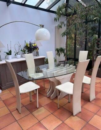 Large vintage dining table in beige stone and glass – 220 cm