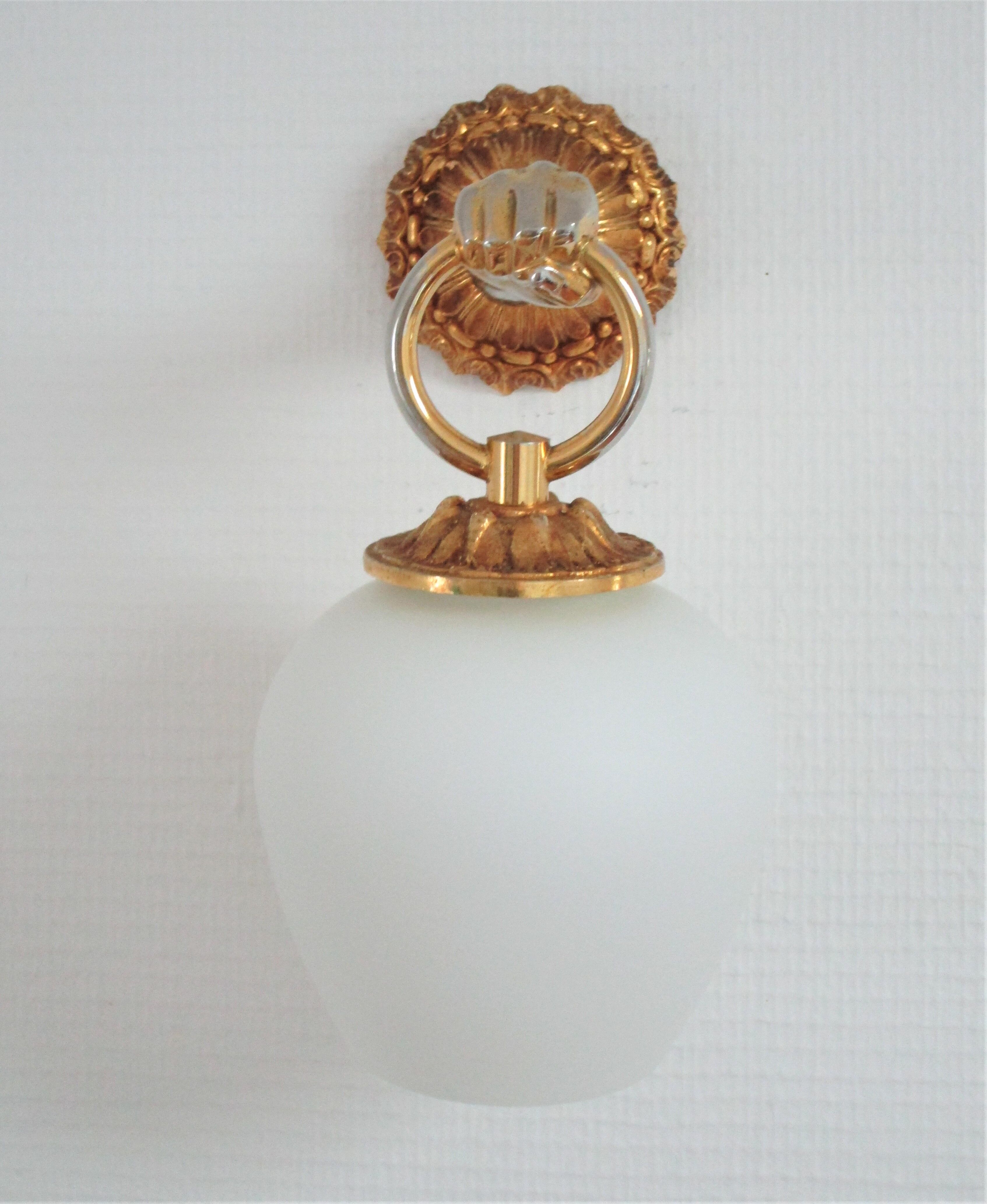Hand sconce golden metal patinated opaline vintage