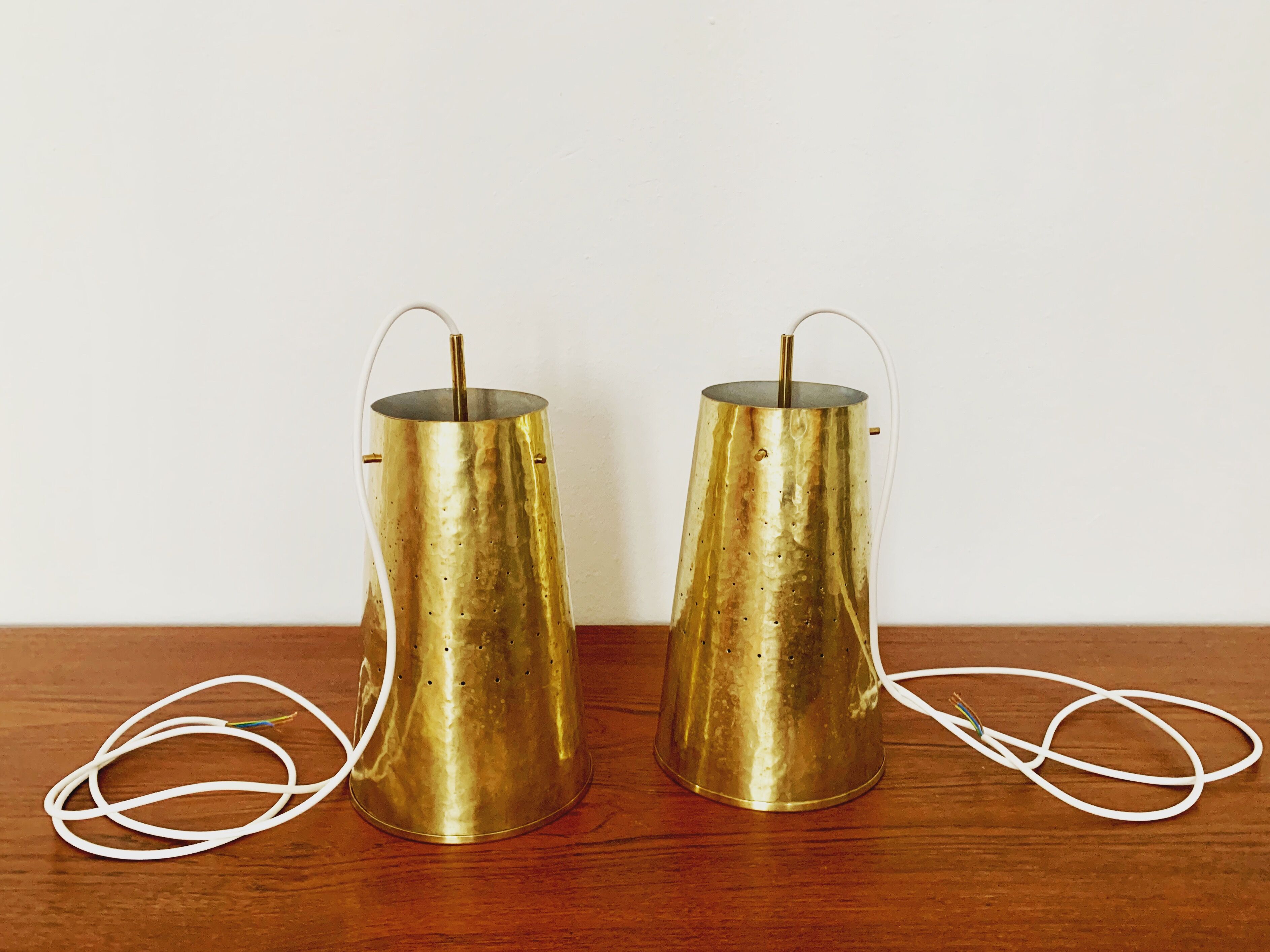 Set of 2 large Mid Century Modern perforated brass pendant lamps