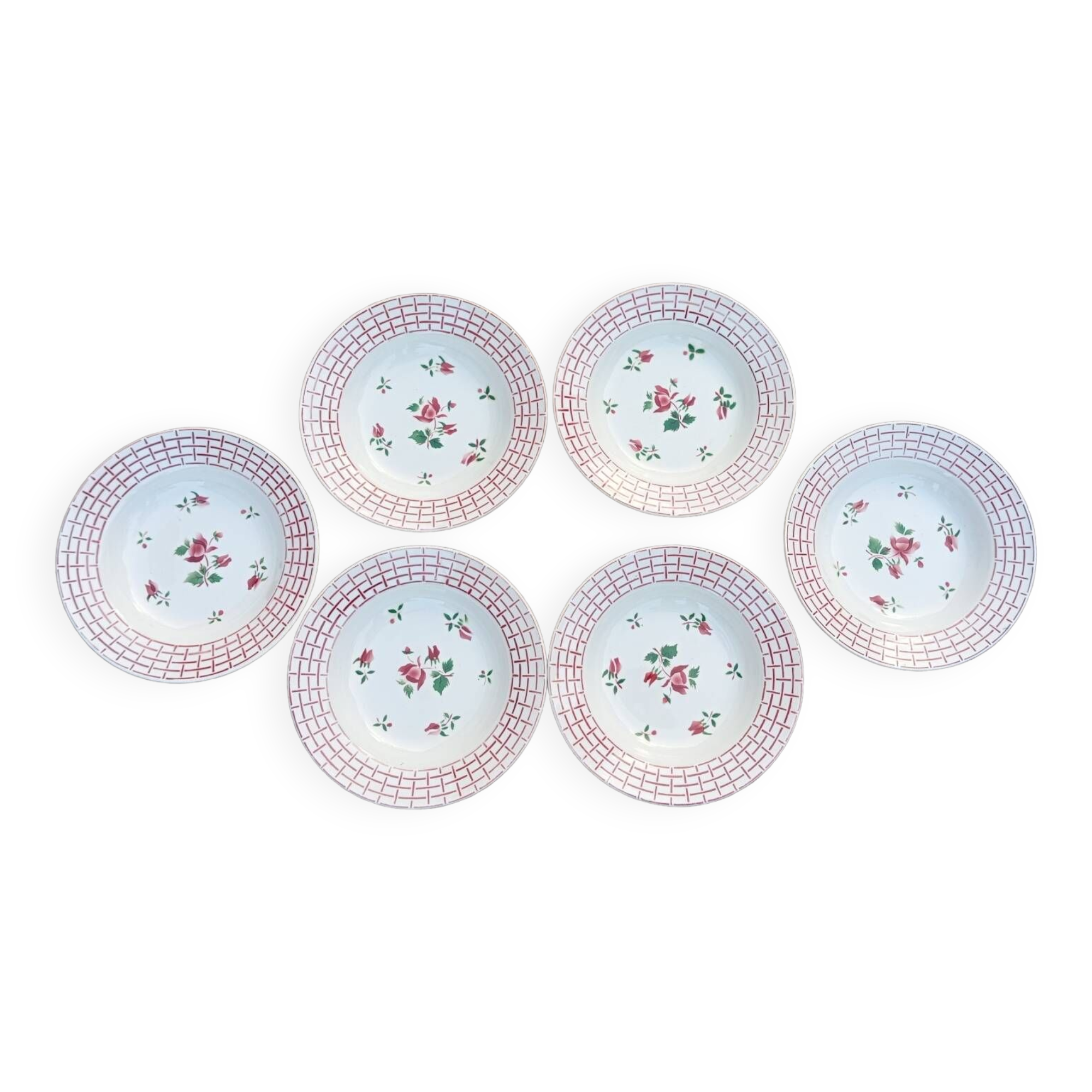 6 Rosa earthenware soup plates by Digoin Sarreguemines, 1950s