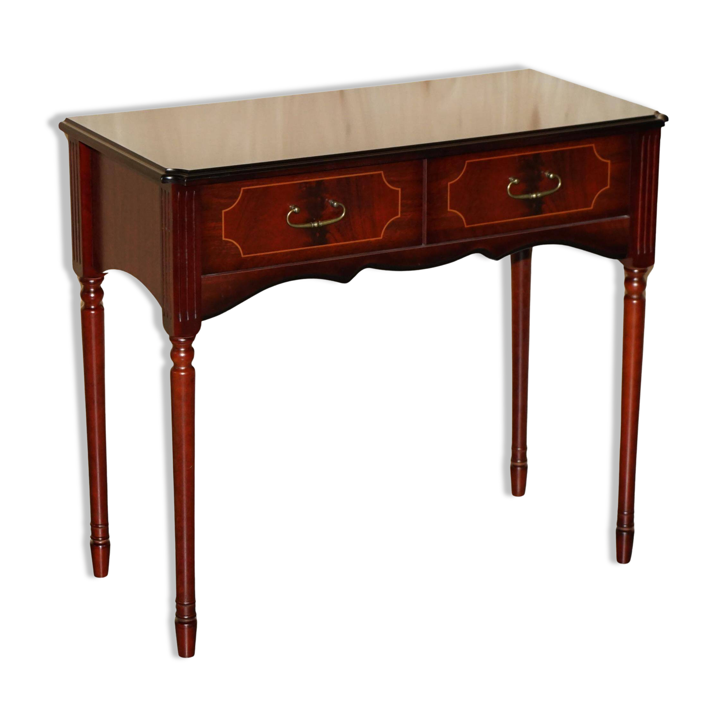 Small console with two drawers in hardwood finish.