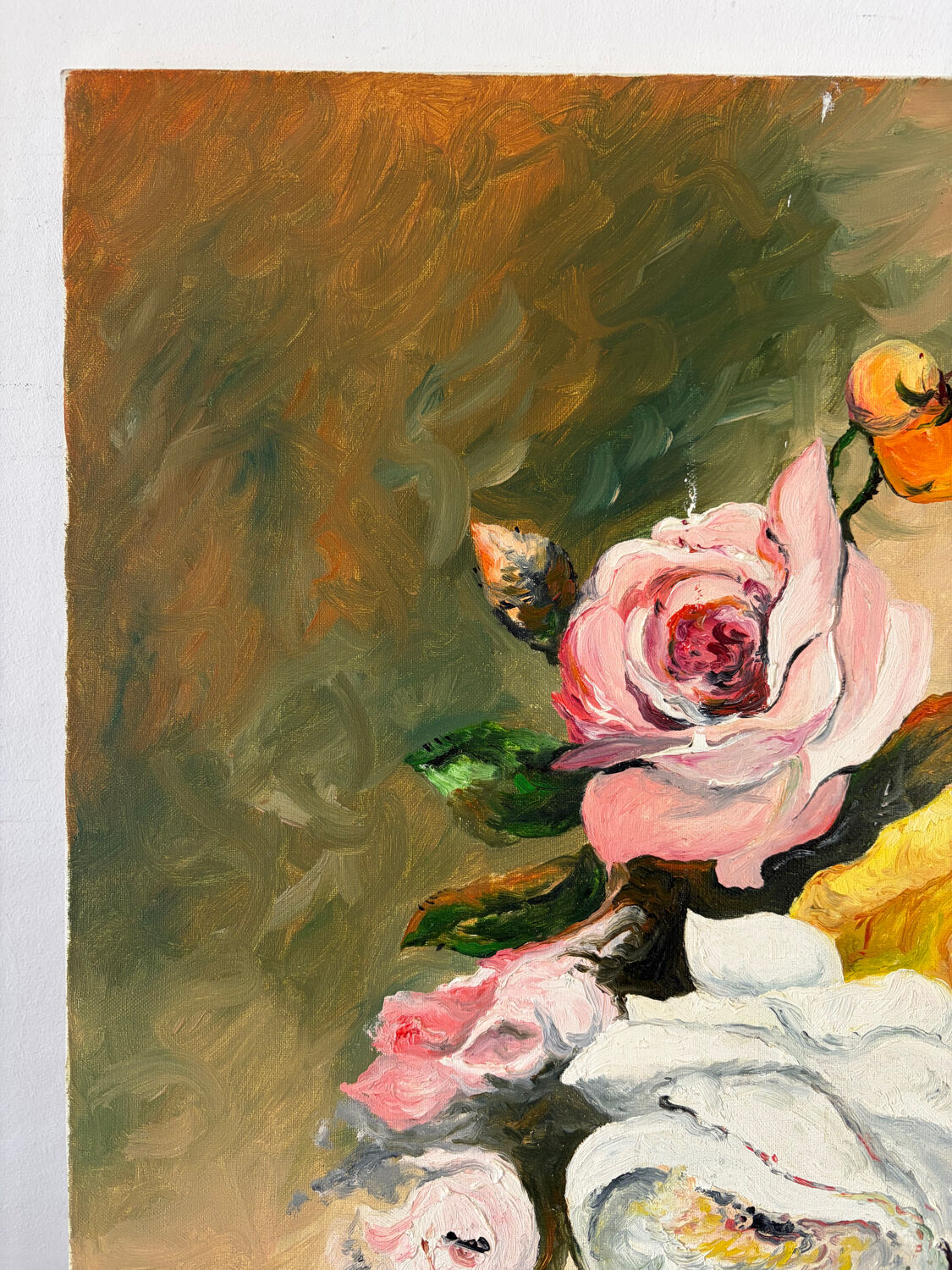 Autumn roses, oil on canvas signed Esterel.