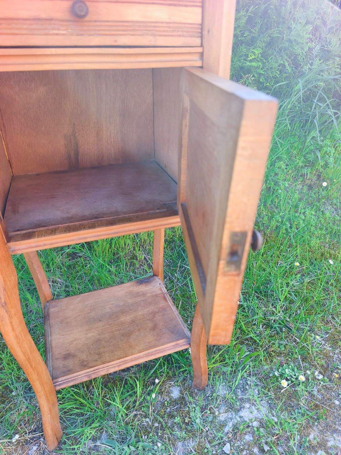 Louis XV style bedside table in wood veneer and marble
