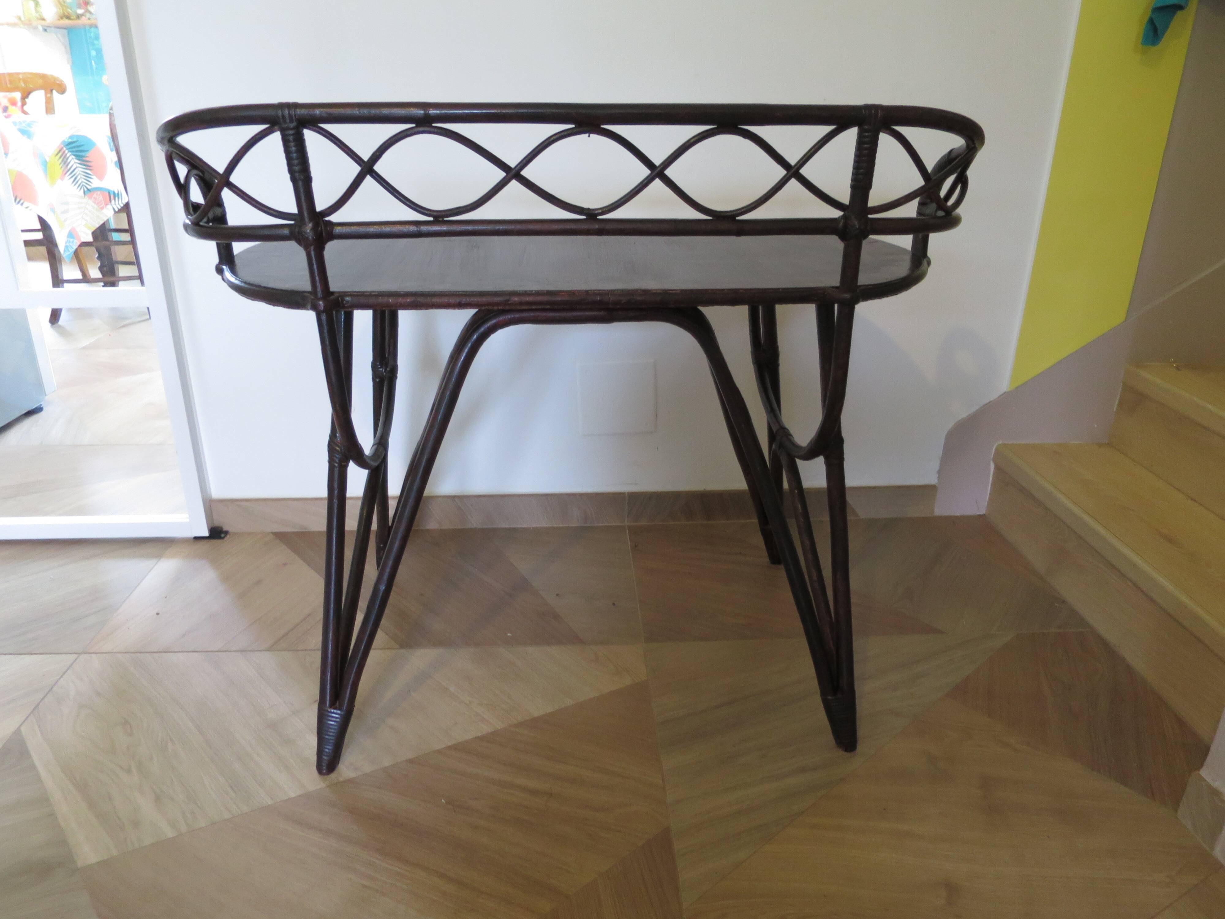 Vintage children's desk console bamboo rattan curved wood Thonet style 80s dark mahogany