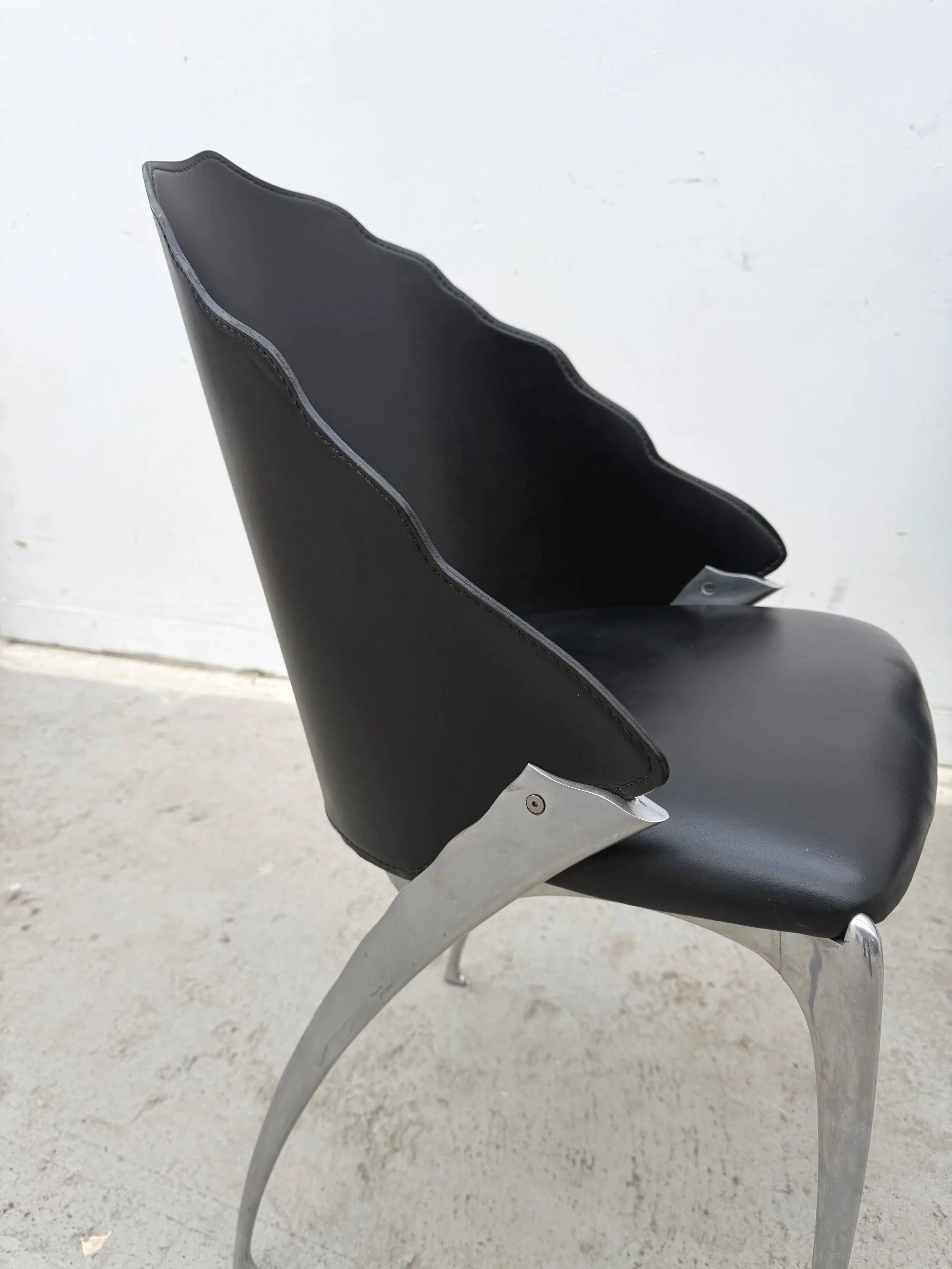 Set of 4 chairs by Bernard Dequet for Protis France Design in cast aluminum and leather, France 1980