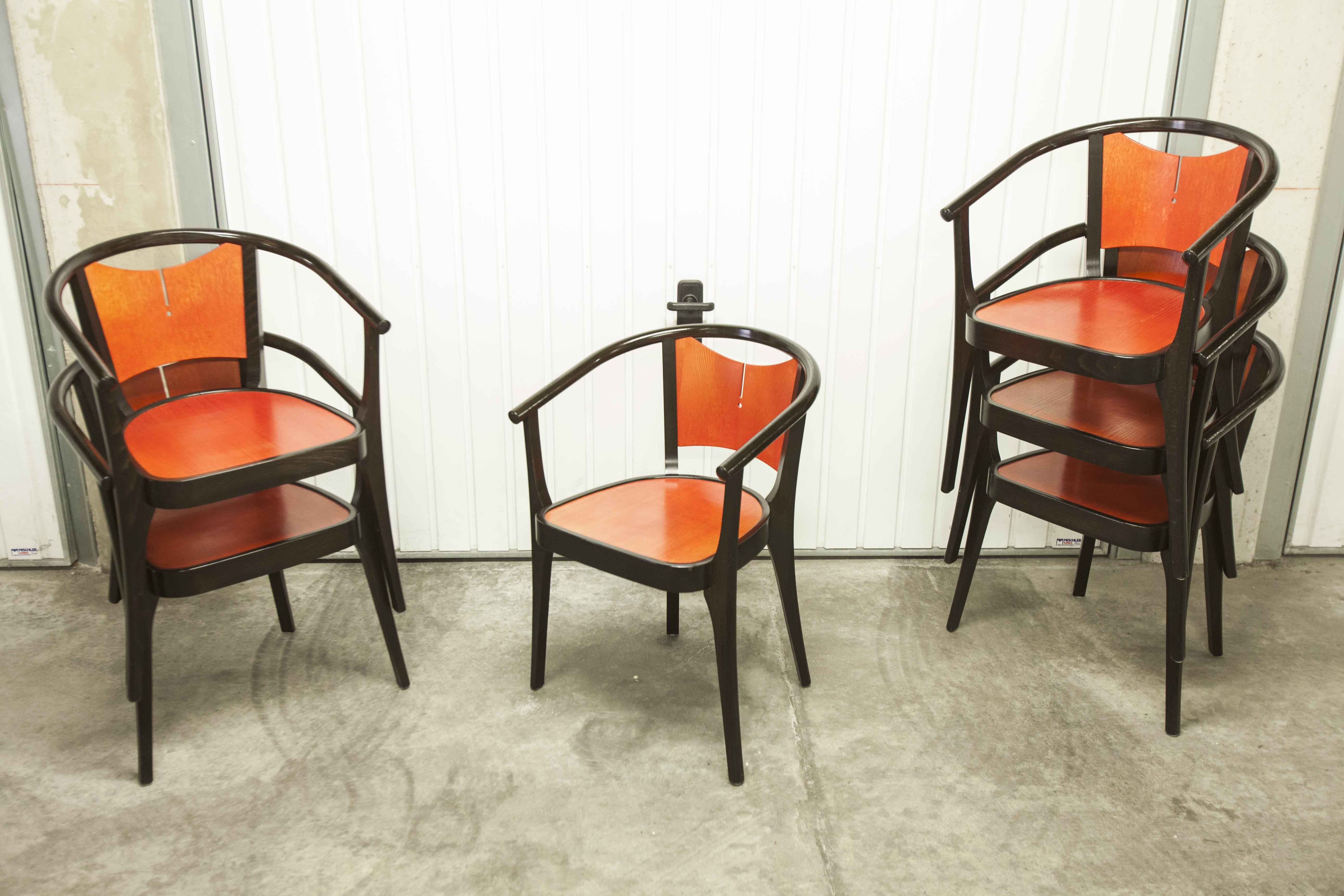 Table and 6 armchairs Baumann Diese, design Pagnon Pelhaître, Wenge color and red,