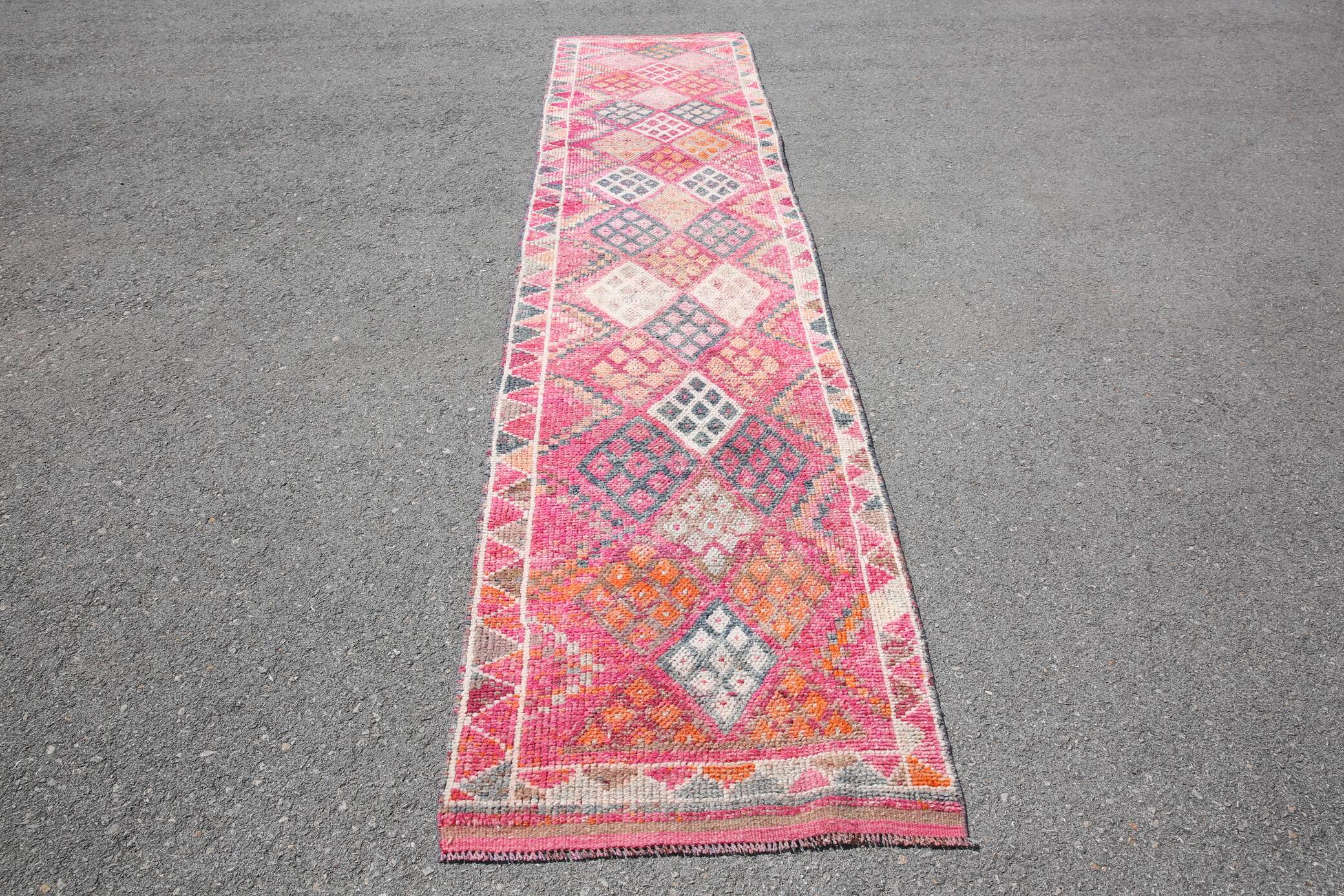 Hot Pink Turkish Runner Rug, Vintage Boho Hallway Carpet, 83x353 Cm