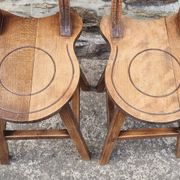 Set of rustic chairs and stools in carved oak, vintage, 1950s.
