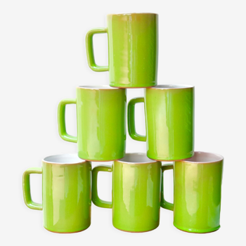 Six mugs de Paul Badié, poterie de la Brague en céramique verte