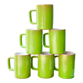 Six mugs by Paul Badié, pottery from La Brague in green ceramics