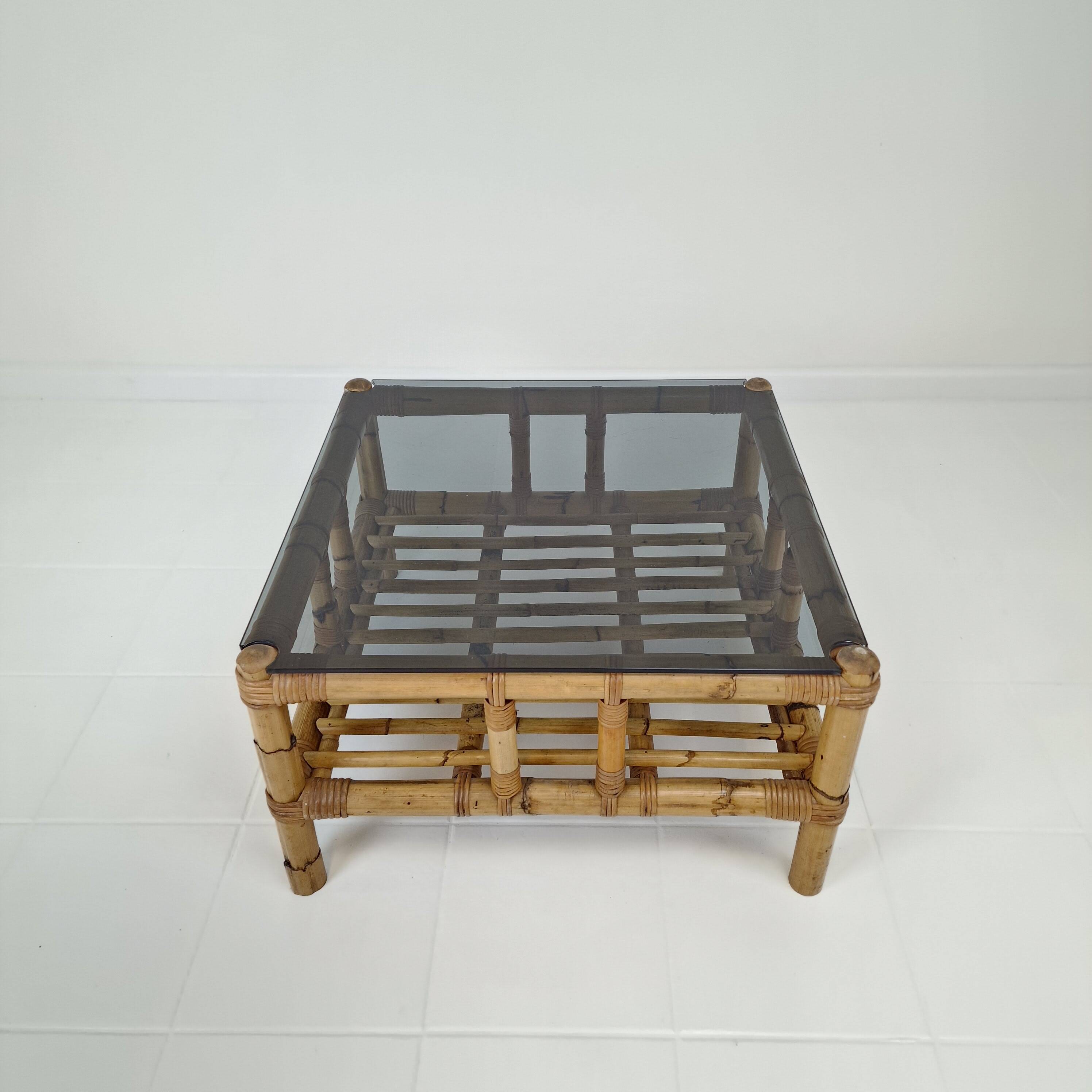 Italian bamboo coffee table with smoked glass, 1970s